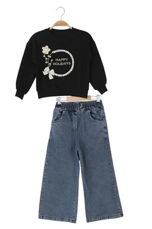 Kız Çocuk Bayramlık Günlük - Casual Geniş-Bol Paça Palazzo Kot Pantolon-Sweatshirt ikili takım — Siyah - Mavi