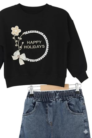 Kız Çocuk Bayramlık Günlük - Casual Geniş-Bol Paça Palazzo Kot Pantolon-Sweatshirt ikili takım — Siyah - Mavi