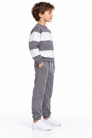 Erkek Çocuk Gri Beyaz Renk Bloklu 3 İplik Sweatshirt ve Jogger Eşofman Takımı – 2 Parça