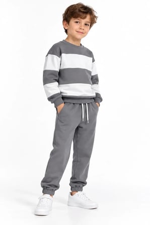 Erkek Çocuk Gri Beyaz Renk Bloklu 3 İplik Sweatshirt ve Jogger Eşofman Takımı – 2 Parça