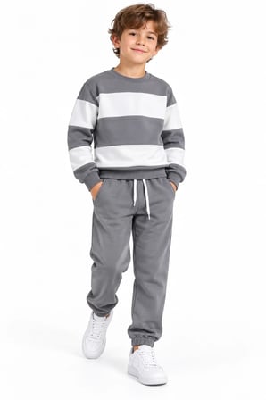 Erkek Çocuk Gri Beyaz Renk Bloklu 3 İplik Sweatshirt ve Jogger Eşofman Takımı – 2 Parça