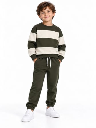 Erkek Çocuk Haki Ekru Renk Bloklu 3 İplik Sweatshirt ve Jogger Eşofman Takımı – 2 Parça