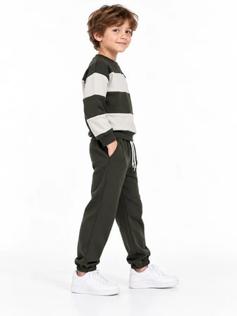 Erkek Çocuk Haki Ekru Renk Bloklu 3 İplik Sweatshirt ve Jogger Eşofman Takımı – 2 Parça