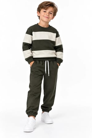 Erkek Çocuk Haki Ekru Renk Bloklu 3 İplik Sweatshirt ve Jogger Eşofman Takımı – 2 Parça