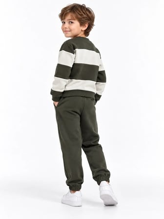 Erkek Çocuk Haki Ekru Renk Bloklu 3 İplik Sweatshirt ve Jogger Eşofman Takımı – 2 Parça