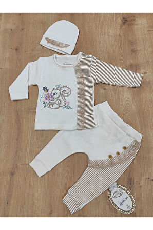 %100 Pamuklu Kız Bebek / Çocuk 3'lü Takım - Sincap Nakışlı & Şapkalı Takım