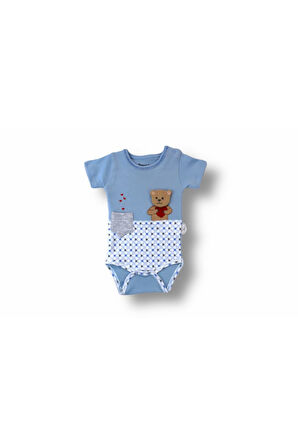 3'lü Mavi Erkek Bebek Takım Ayıcık Kısa Kol Body 3-6-9-12 Ay Bebek Takımları Kıyafetleri Bebek Giyim