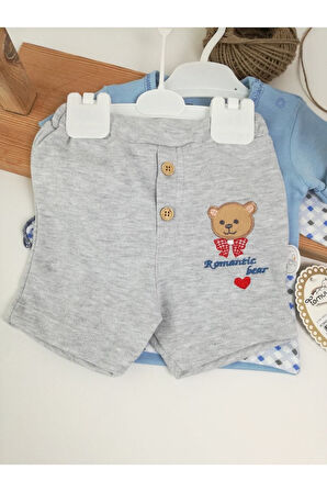 3'lü Erkek Bebek Takım Mavi Ayıcık Kısakol Sweat 3-6-9-12 Ay Bebek Takımları Kıyafetleri Bebek Giyim
