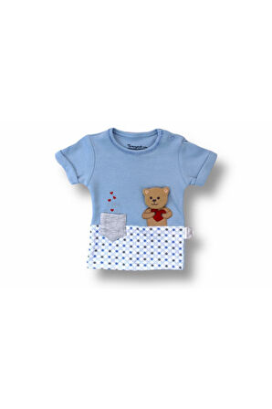 3'lü Erkek Bebek Takım Mavi Ayıcık Kısakol Sweat 3-6-9-12 Ay Bebek Takımları Kıyafetleri Bebek Giyim
