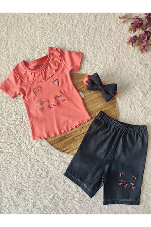 3'lü Kız Bebek Çocuk Takım Şort Tişört Kısa Kollu 3-6-9-12 Ay Bebek Takımları Kıyafetleri