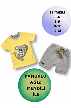 2'li Sarı Erkek Bebek Çocuk Kısa Kol Şortlu Takım Yavru Koala 3-6-9-12-18 Ay Bebek Kıyafetleri Giyim