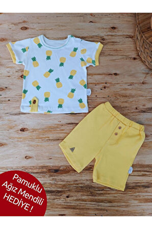 Yenidoğan Erkek Bebek Yazlık Kısa Kollu & Şortlu Takım - Ananas Desenli 2'li Alt Üst Takım