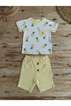 Yenidoğan Erkek Bebek Yazlık Kısa Kollu & Şortlu Takım - Ananas Desenli 2'li Alt Üst Takım