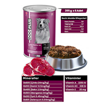 DogPlus Pate İçinde Et Parçacıklı Dana Etli Yetişkin Köpek Konserve Yaş Mama 395 Gr x 6 Adet