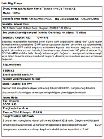  2024 Model Sigma Salon Tipi A+ 48000 Btu Inverter Klima R32