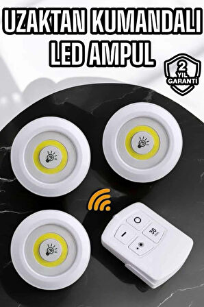 Spot Lamba Led Işık 3'lü Uzaktan Kumandalı Pilli Yapışkanlı Kablosuz