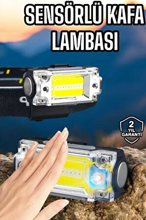 Beyaz Led Işık Sensörlü Kafa Lambası Lityum Batarya Led El Fenerli Şarjlı