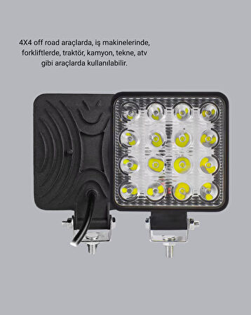 16 LED Off-Road Çalışma Lambası – Alüminyum Gövde, Suya ve Darbeye Dayanıklı, 12/24V