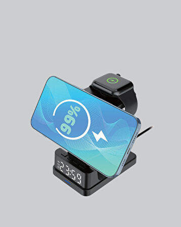 Kablosuz Şarjlı Dijital Masa Saati – 3 Parlaklık Seviyeli LED, Hızlı Şarj, Apple Uyumlu