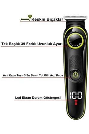 Unısex Çok Fonksiyonlu Bakım Seti Led Göstergeli Tıraş Makinesi Saç Sakal Vücut