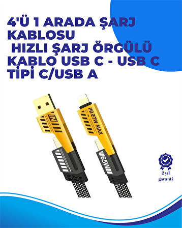 65W 4'ü 1 Arada Çoklu Şarj Kablosu – USB-C, USB-A, Lightning, Veri ve Şarj Desteği