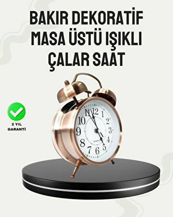 Nostaljik Büyük Boy Metal Masa Saati Bronz Kaplama ve Yüksek Sesli Alarm