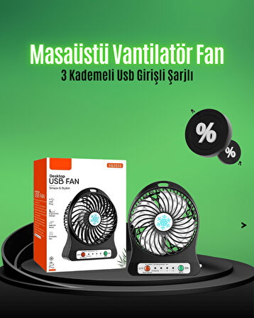 Mini USB Fan – Şarj Edilebilir, Işıklı, 3 Kademe, Taşınabilir Masaüstü Vantilatör