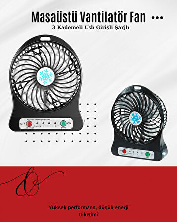 USB Girişli Taşınabilir Masaüstü Mini Fan – 3 Kademeli Hız, Şarjlı, Işıklı, Sessiz Çalışma