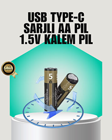 1.5V AA Şarjlı Lityum Pil | 1000+ Kez Şarj Edilebilir | Hızlı Type-C Şarj (2 Adet)