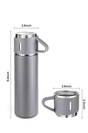 Termos Seti Paslanmaz Çelik 3 Bardaklı Vakumlu Termos Set 500 Ml 12 Saate Kadar Isı Koruma