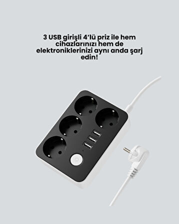 3 USB Çıkışlı 4’lü Akıllı Priz 2500W 2 Metre Kablo