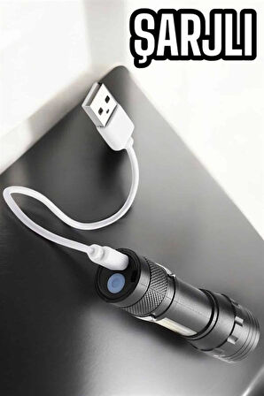 Şarjlı Metal Zoomlu El Feneri Işıldak Led Işık Taşınabilir El Lambası