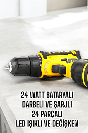 Çift Bataryalı Metal Dişli Darbeli Şarjlı Matkap Seti 24W Güç ve 24 Parça Aksesuar