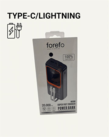 Powerbank 20000 mAh | 22.5W Hızlı Şarj, Dahili Kablolu, LCD Ekranlı Şarj Cihazı