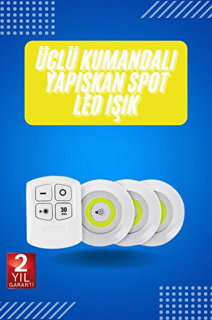 Yapışkanlı 3'lü Spot Led Işık Lamba Montajsız Pilli Uzaktan Kumandalı