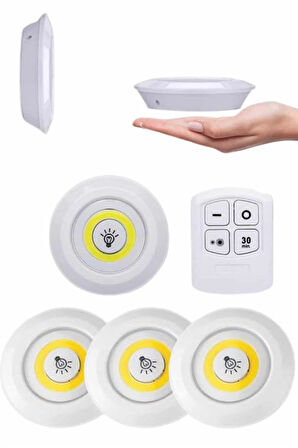 Yapışkanlı 3'lü Spot Led Işık Lamba Montajsız Pilli Uzaktan Kumandalı