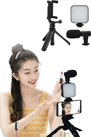 Tripod Telefon Tutucu Kumandalı Mikrofon Led Işık Vlog Video Kayıt
