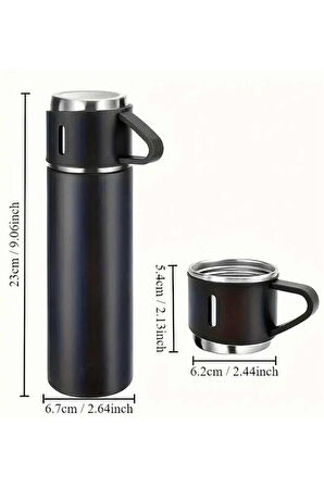 Termos Seti 3'lü Bardak Seti Isı Dayanıklı Siyah Paslanmaz Çelik Vakumlu