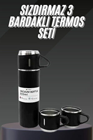 Termos Seti Paslanmaz Çelik 3 Bardaklı Vakumlu Termos Set 500 Ml 12 Saate Kadar Isı Koruma