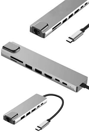 8 Portlu Macbook Çevirici Type C Hub  SD TF USB Çoğaltıcı Ethernet