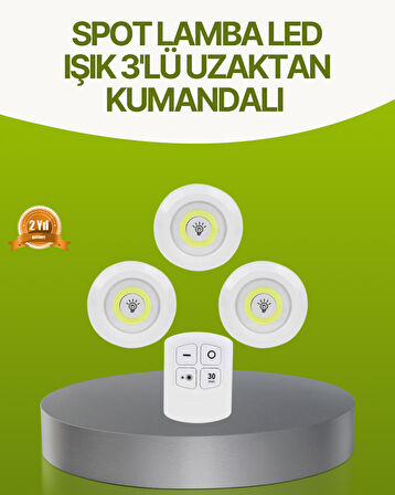 Uzaktan Kumandalı 3 Lü Kablosuz Led Spot Lamba Seti Yapışkanlı Pratik Kullanım