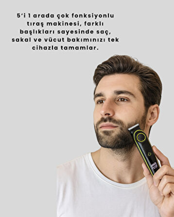 Uzun Pil Ömürlü LED Göstergeli Erkek Bakım Seti 5-in-1 Saç Sakal Tıraş Makinesi