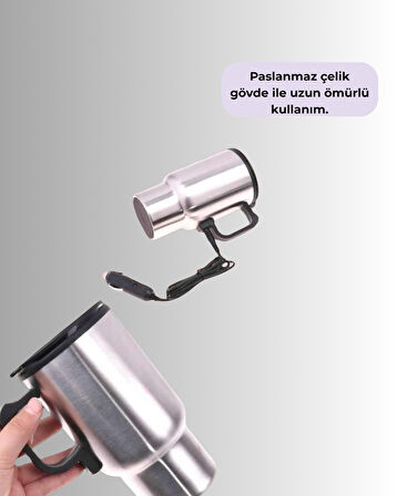Çelik Gövdeli Araç İçi Isıtıcı Termos Bardak 450 ml Kapasiteli