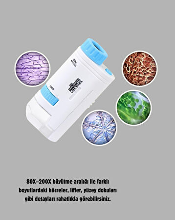 Taşınabilir Mini Mikroskop LED Işıklı 80X–200X Büyütmeli ve Odak Ayarlı