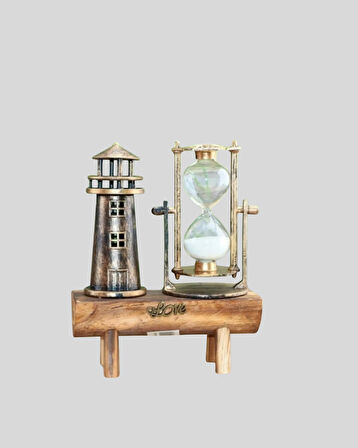 Dekoratif Ahşap Kum Saati ve Deniz Feneri Figürlü Masa Süsü – Şık ve Fonksiyonel Tasarım