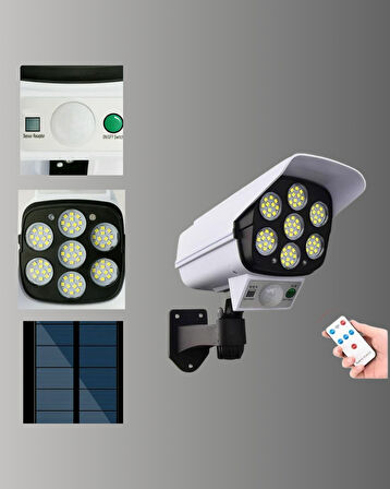 Güneş Enerjili LED Lamba + Güvenlik Kamerası Görünümlü– 5-8 m Hareket Algılamalı, Beyaz Işık