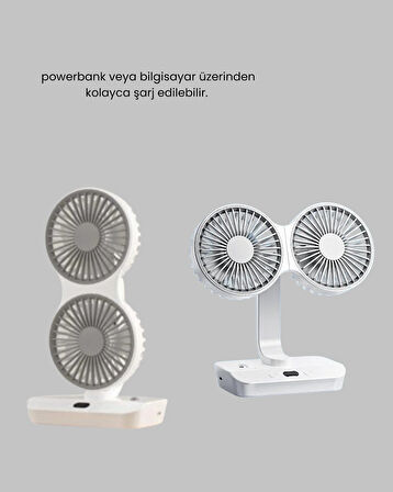 720° Dönebilen Çift Başlıklı USB Şarjlı Masaüstü Vantilatör – Sessiz ve Güçlü Serinlik