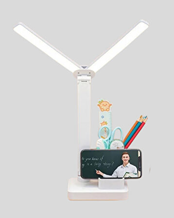 Kalemlik ve Telefon Standlı Masa Lambası – Kısılabilir LED Işık, Göz Dostu Tasarım