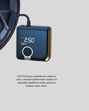 Dijital Ekranlı Şarjlı Hava Kompresörü 150 PSI Güçlü Motorlu