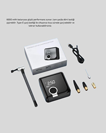 6000mAh Bataryalı Type-C Şarjlı Mini Hava Kompresörü LED Işıklı